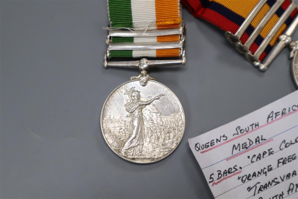 A Queens South Africa medal with three bars and a Kings South Africa medal with two bars, South Africa 1901 and 1902, to 375 Pte. J.